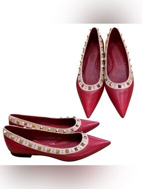 Stud-Trim Red Pointed Toe Flats S6